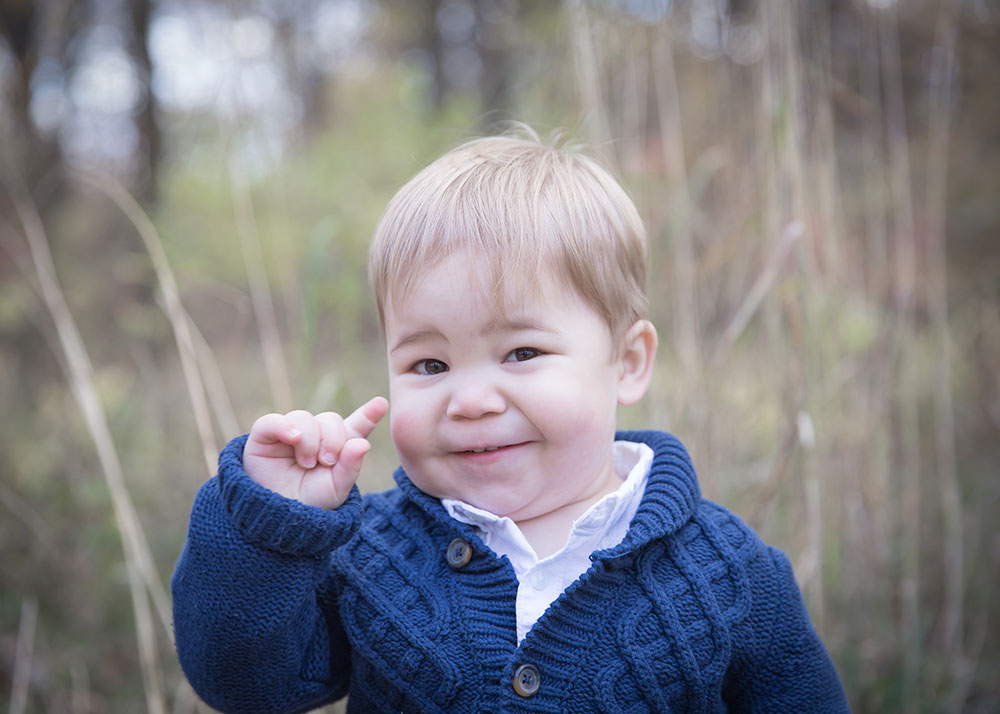 a photo of an adorable little boy in a blue sweater in the fall time
