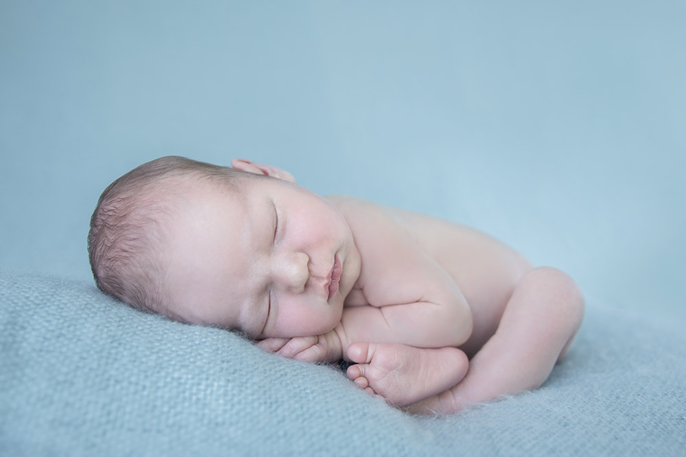 a posed, sleeping newborn baby boy on a blue backdrop