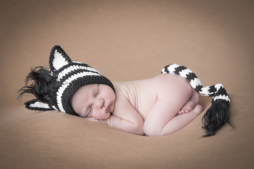 a posed, sleeping, newborn baby boy wearing a zebra hat and tail
