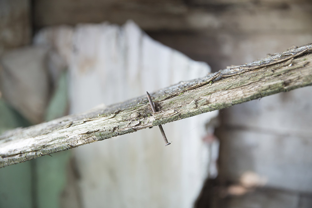a photo of an old nail through wood