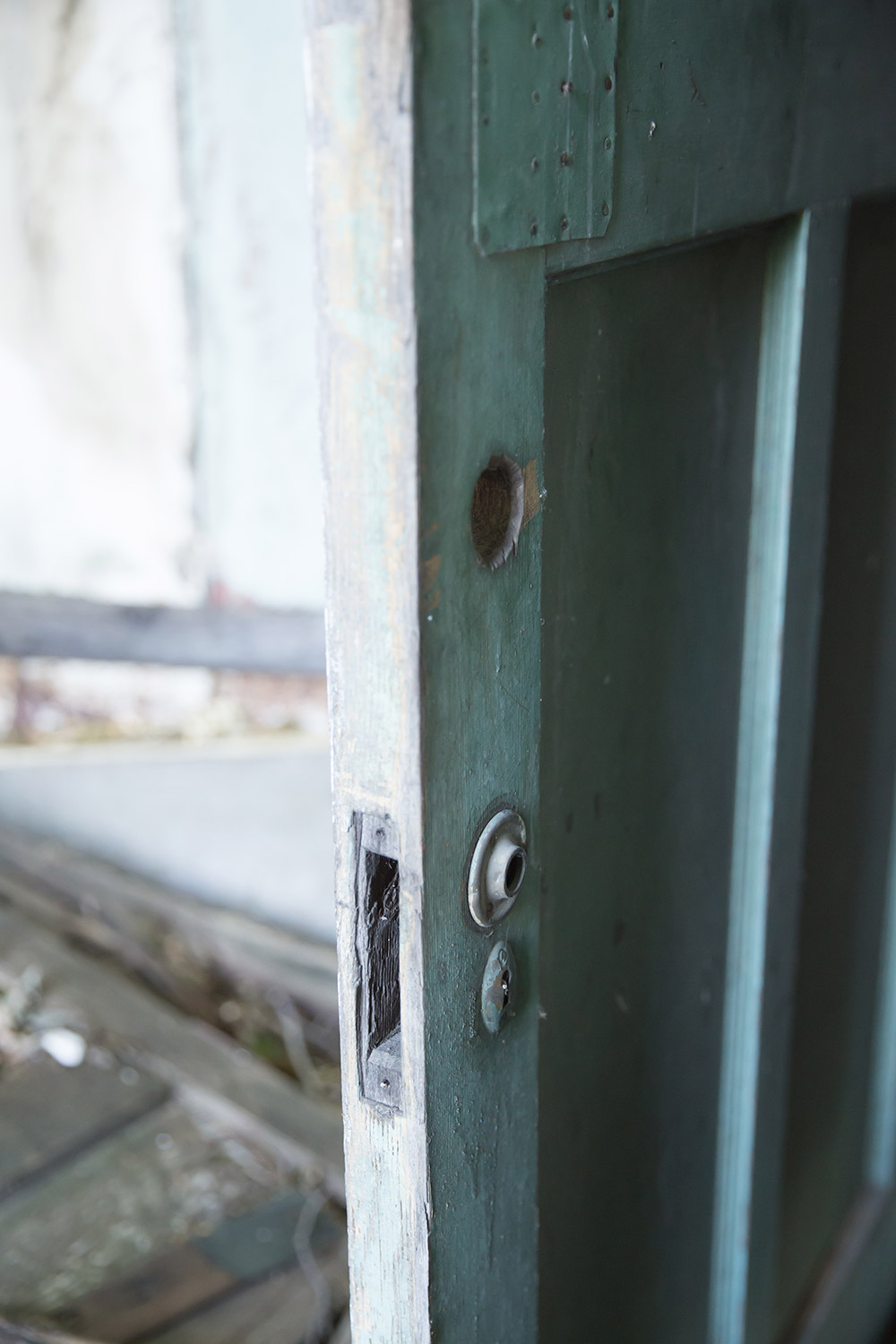 a photo of an old wooden door in an abandoned homestead