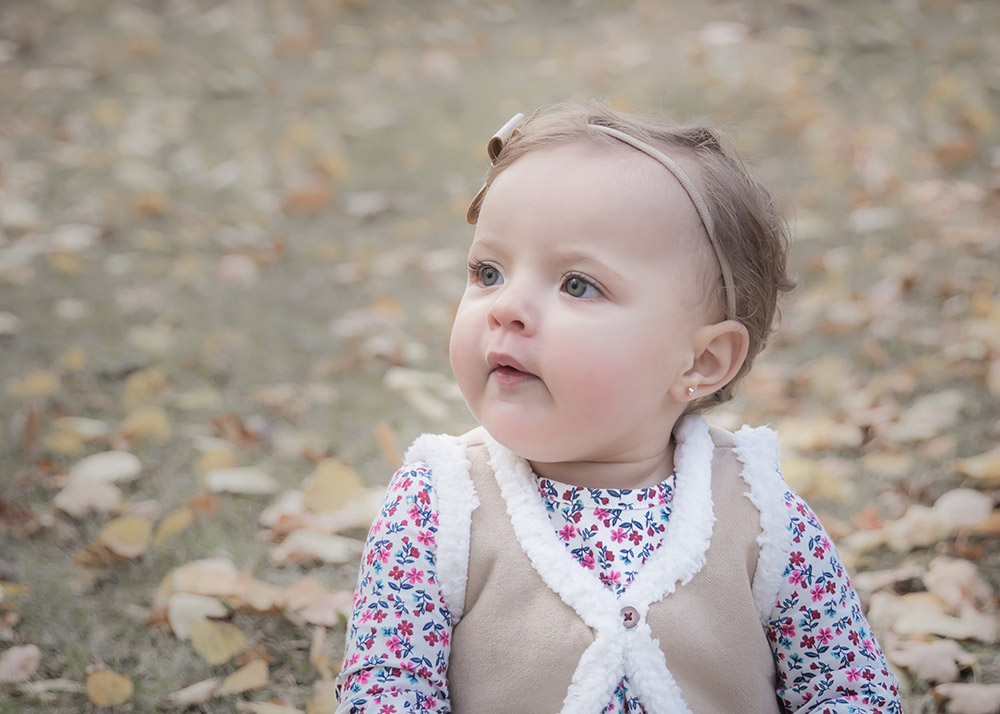 a photo of a baby girl sitting on the grass covered with fall leaves
