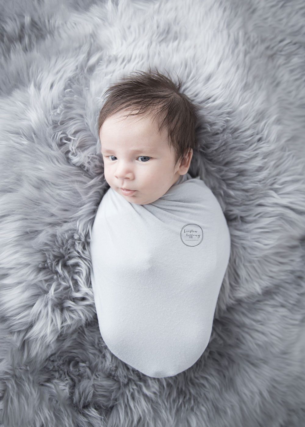 a photo of a baby boy wide eyed, swaddled on a fur rug