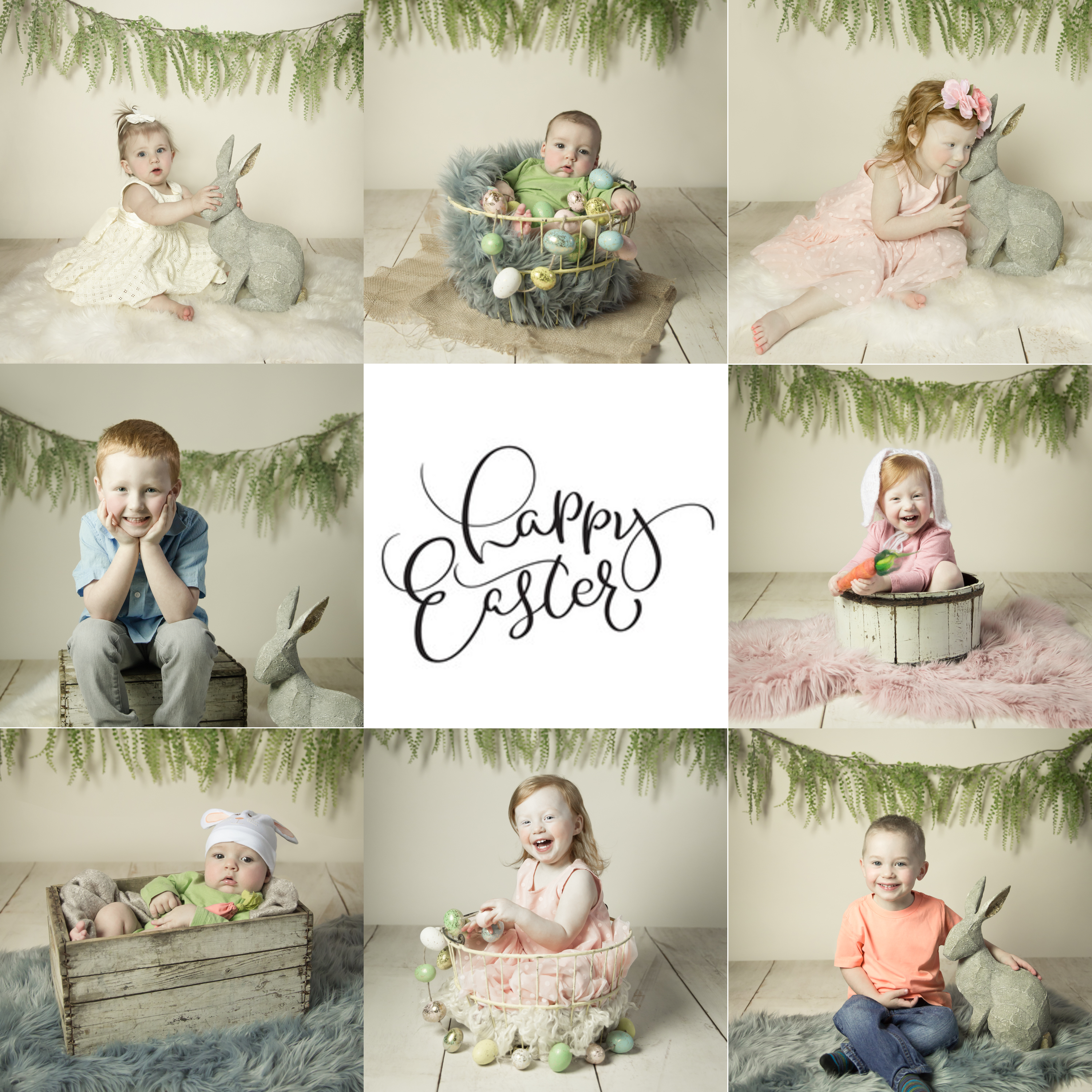 a photo collage featuring easter props with babies and children