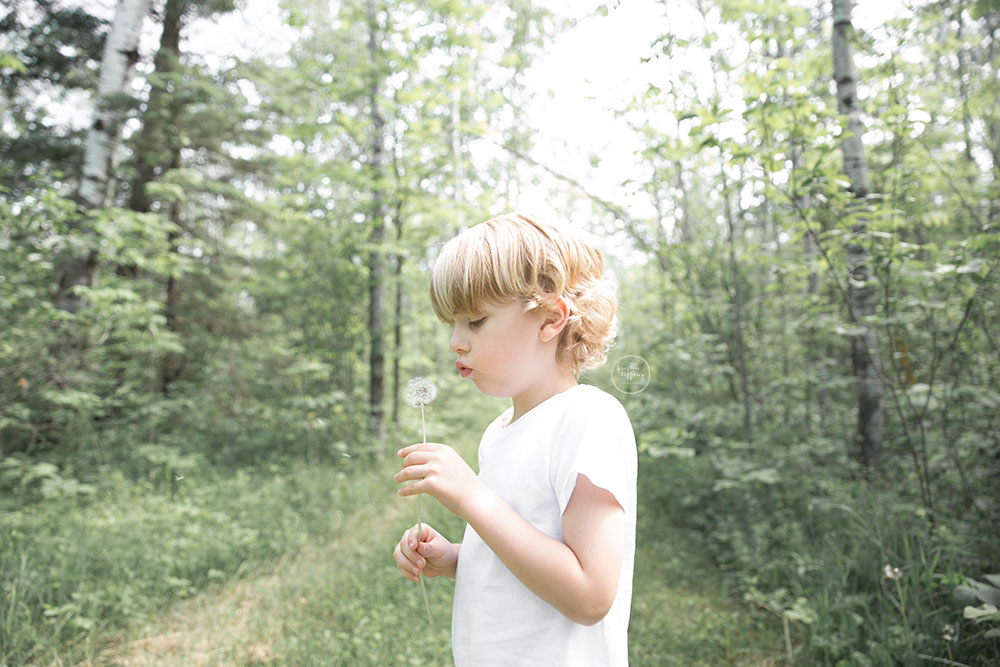 a photo of a little boy blowing dandelion seeds