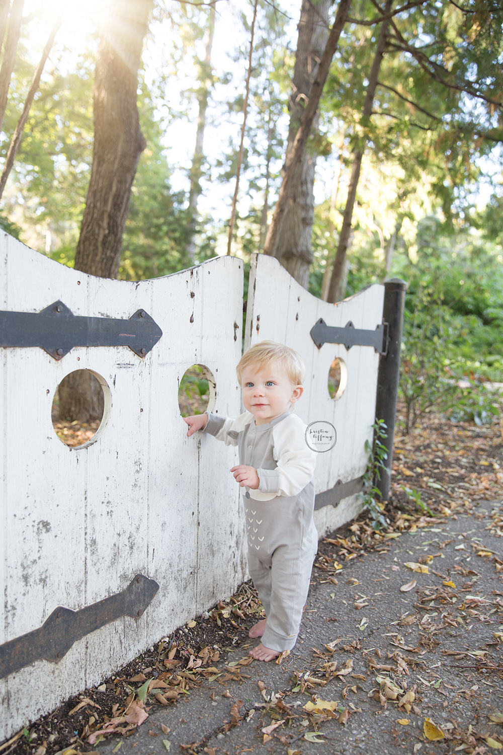 a photo of a baby boy by an old wooden gate