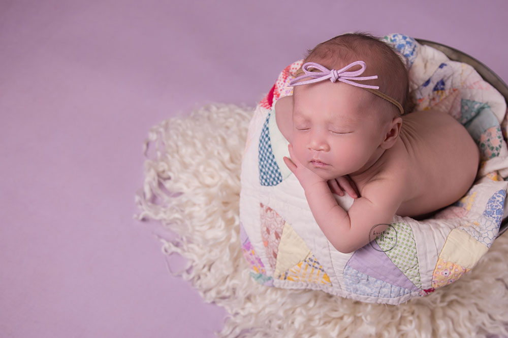 a photo of a newborn baby girl in a bucket with a quilt