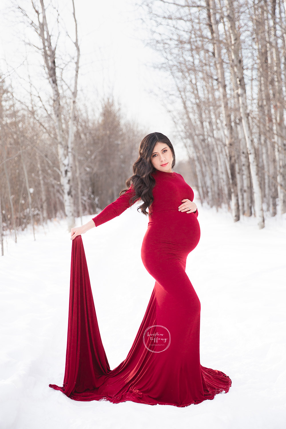 a maternity photo of a woman in a red gown in the snow