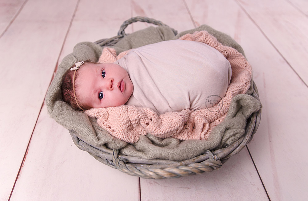 a photo of a newborn baby girl swaddled in a basket